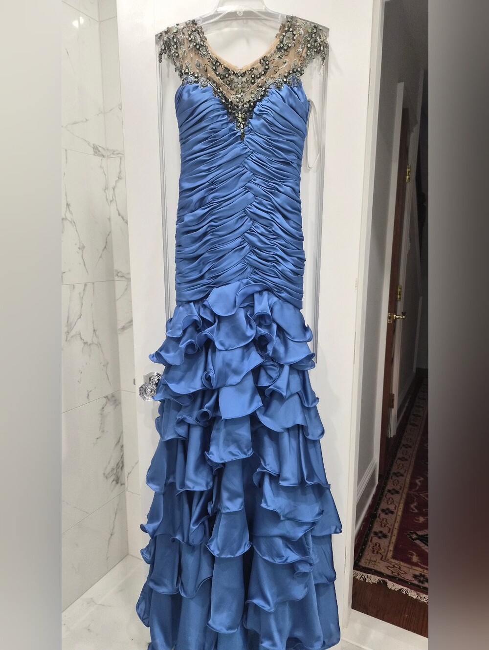 Nwt Mac Duggal Periwinkle Blue Ruched Gown with Beaded Illusion Yoke